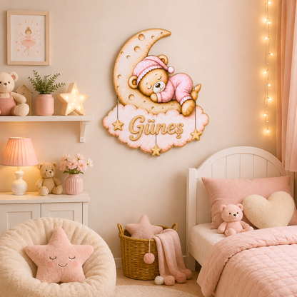 İsimli Pembe Uyuyan Ayıcık LED Ahşap Gece Lambası