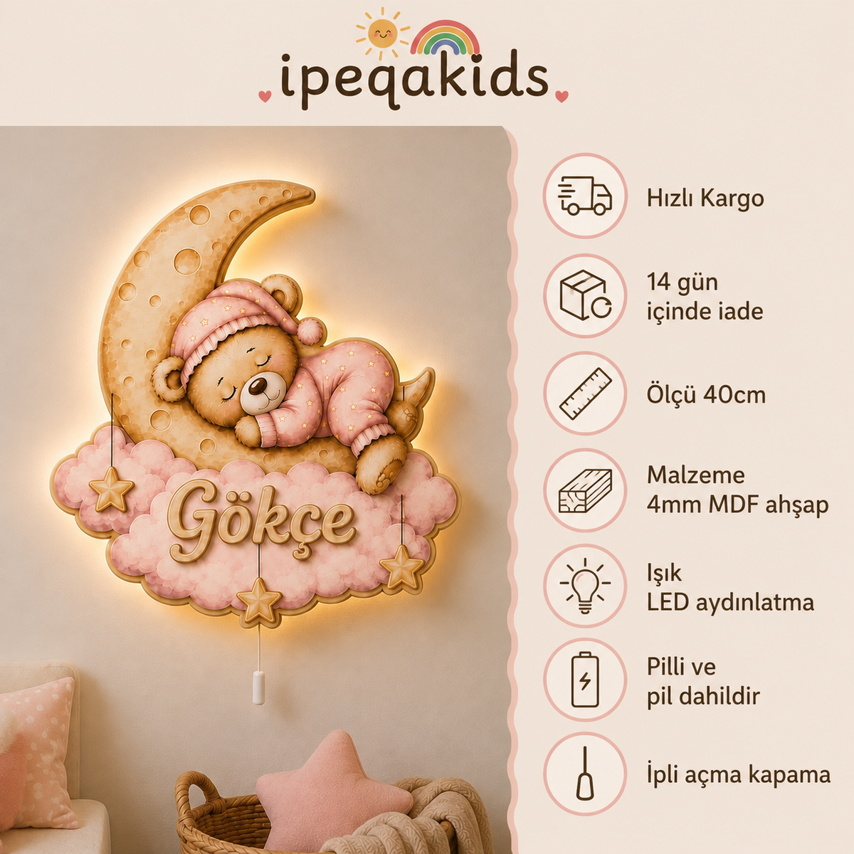 İsimli Pembe Uyuyan Ayıcık LED Ahşap Gece Lambası