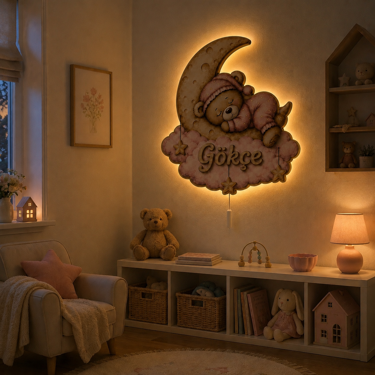 İsimli Pembe Uyuyan Ayıcık LED Ahşap Gece Lambası
