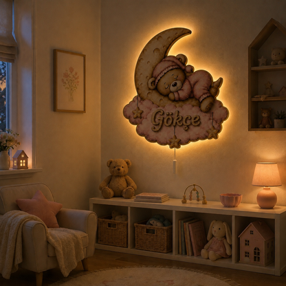 İsimli Pembe Uyuyan Ayıcık LED Ahşap Gece Lambası