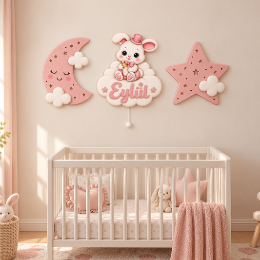 Kişiye Özel İsimli Pembe Tavşan 3'lü LED Ahşap Gece Lambası Seti