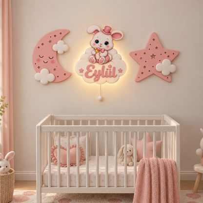 İsimli Pembe Tavşan 3 Parça LED Ahşap Dekor Seti