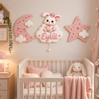 İsimli Pembe Tavşan 3 Parça LED Ahşap Dekor Seti