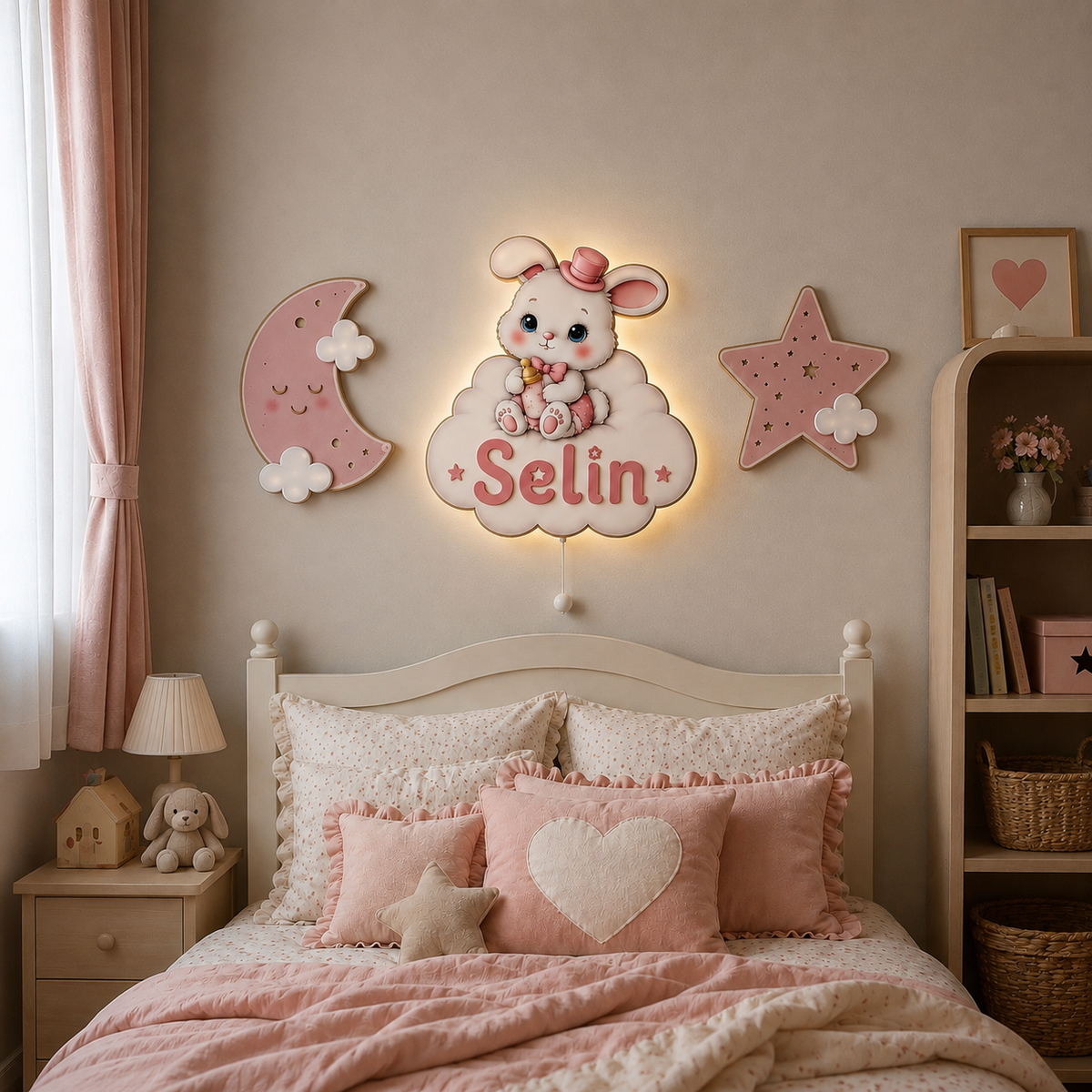 İsimli Pembe Tavşan 3 Parça LED Ahşap Dekor Seti