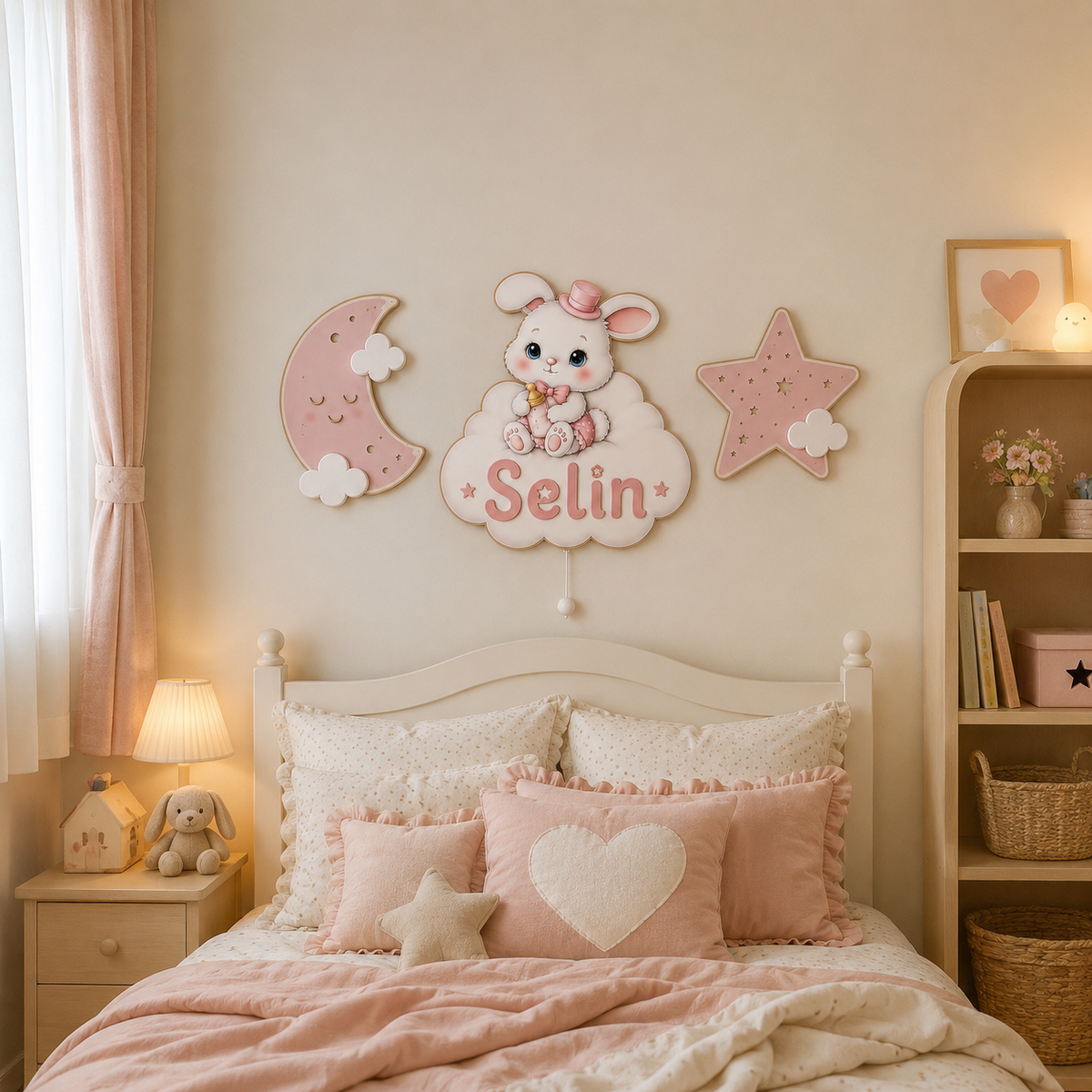 İsimli Pembe Tavşan 3 Parça LED Ahşap Dekor Seti
