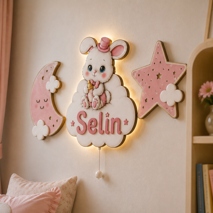 İsimli Pembe Tavşan 3 Parça LED Ahşap Dekor Seti