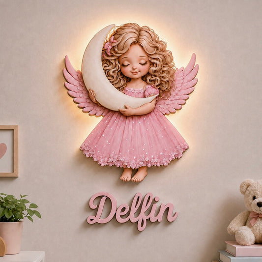 Kişiye Özel İsimli Pembe Melek LED Ahşap Gece Lambası