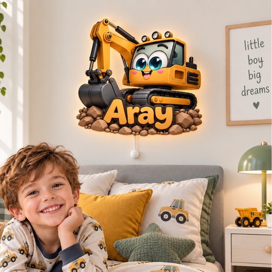 Kişiye Özel İsimli Ekskavatör LED Ahşap Gece Lambası
