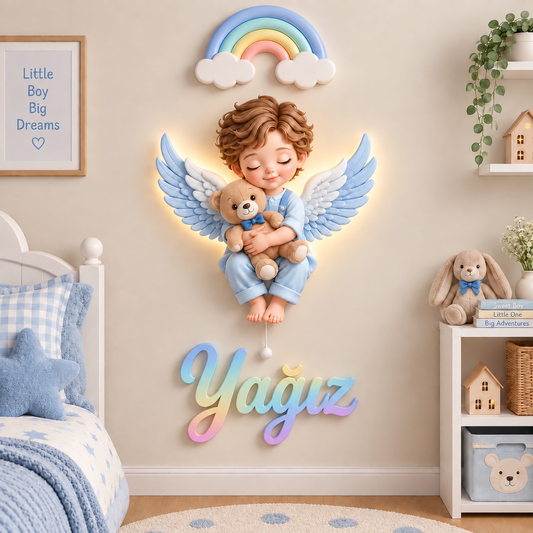 Kişiye Özel İsimli Melek 3'lü LED Ahşap Gece Lambası