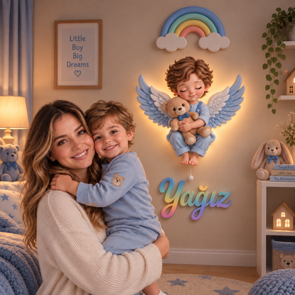 İsimli Mavi Melek 3 Parça LED Ahşap Dekor Seti