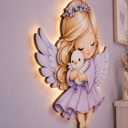Kişiye Özel İsimli Lila Melek LED Ahşap Gece Lambası