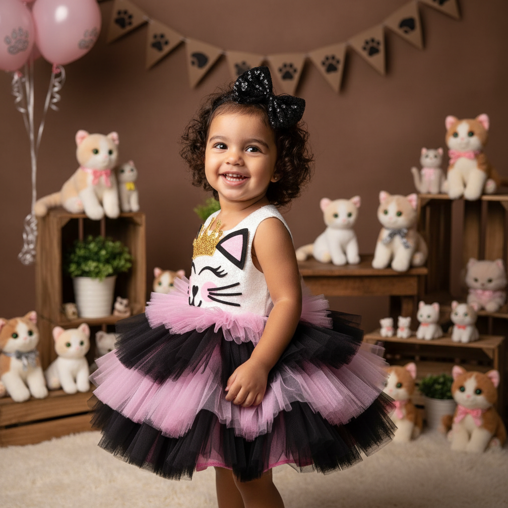 Kedi Temalı Kız Çocuk Abiye - Bebek Parti Kostümü - ipeqakids