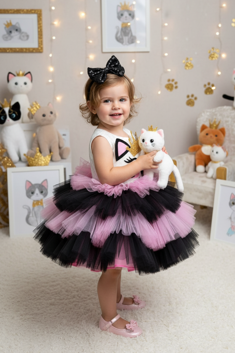 Kedi Temalı Kız Çocuk Abiye - Bebek Parti Kostümü - ipeqakids
