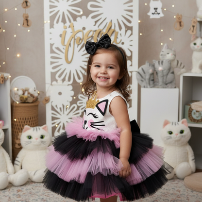 Kedi Temalı Kız Çocuk Abiye - Bebek Parti Kostümü - ipeqakids