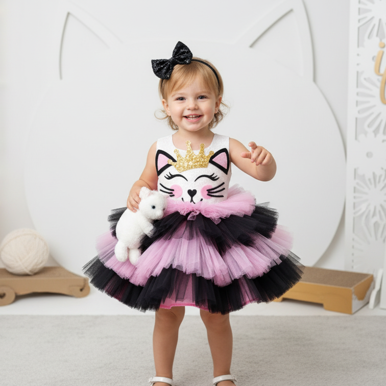 Kedi Temalı Kız Çocuk Abiye - Bebek Parti Kostümü - ipeqakids