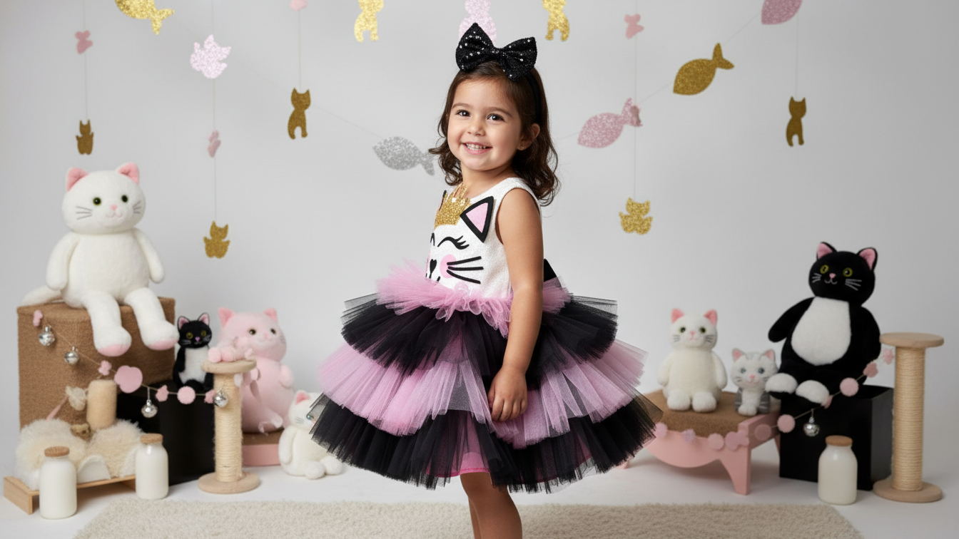 Kedi Temalı Kız Çocuk Abiye - Bebek Parti Kostümü - ipeqakids