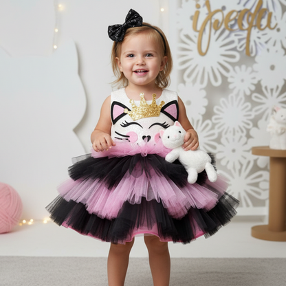 Kedi Temalı Kız Çocuk Abiye - Bebek Parti Kostümü - ipeqakids