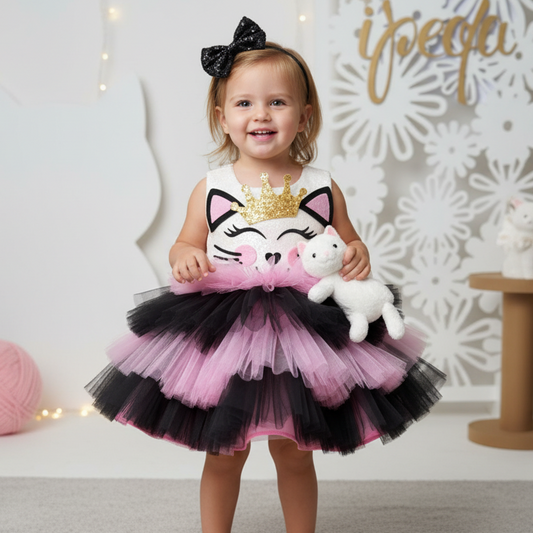 Kedi Temalı Kız Çocuk Abiye - Bebek Parti Kostümü - ipeqakids