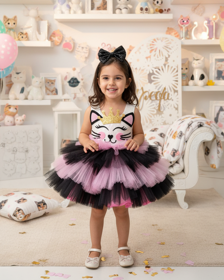 Kedi Temalı Kız Çocuk Abiye - Bebek Parti Kostümü - ipeqakids