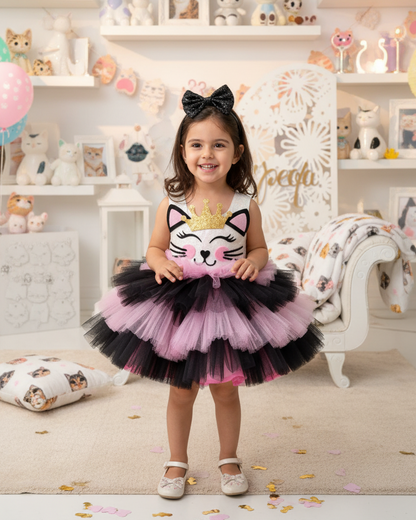 Kedi Temalı Kız Çocuk Abiye - Bebek Parti Kostümü - ipeqakids