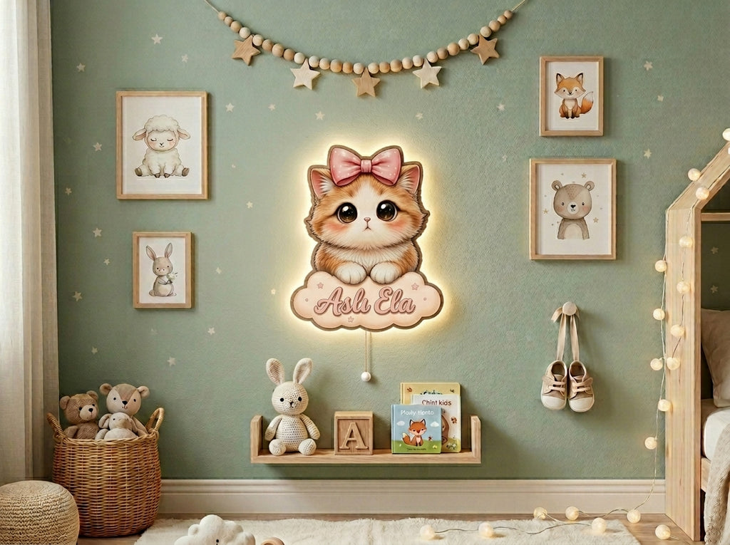 Kişiye Özel İsimli Masum Kedicik Led Işıklı Bebek Odası Ahşap Duvar Dekoru - Gece Lambası- isim için Whatsapptan iletişime geçiniz