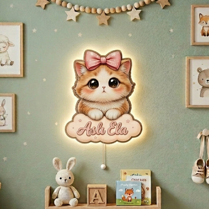 Kişiye Özel İsimli Masum Kedicik Led Işıklı Bebek Odası Ahşap Duvar Dekoru - Gece Lambası- isim için Whatsapptan iletişime geçiniz