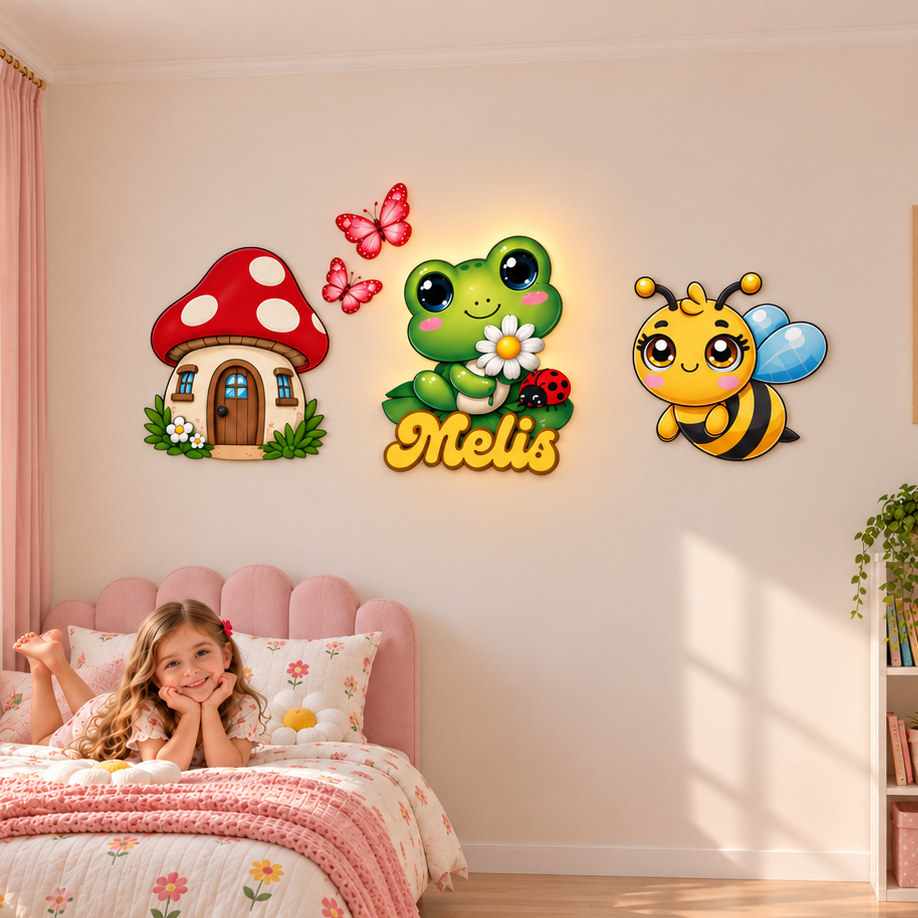 Kişiye Özel İsimli Kurbağa 5 parça LED Ahşap Gece Lambası
