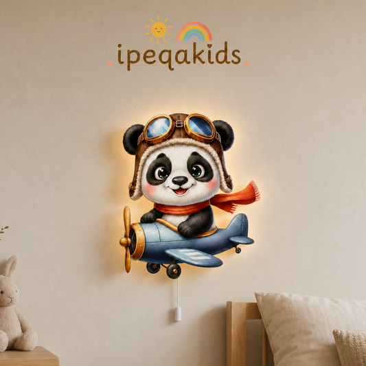 Uçan Panda Led Işıklı Bebek Odası Ahşap Duvar Dekoru - Gece Lambası