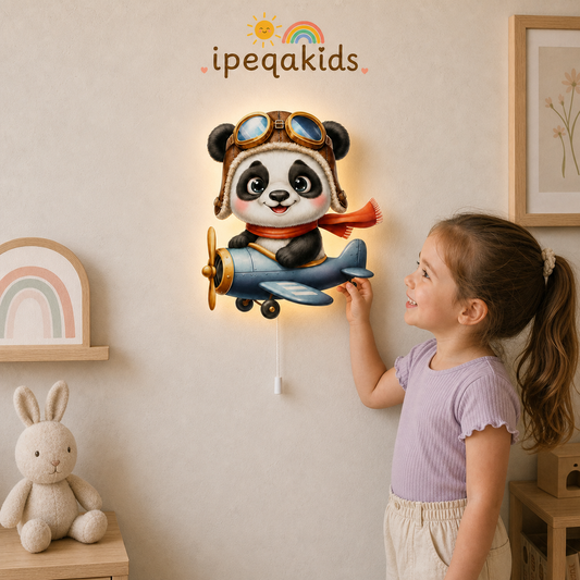 Uçan Panda Led Işıklı Bebek Odası Ahşap Duvar Dekoru - Gece Lambası