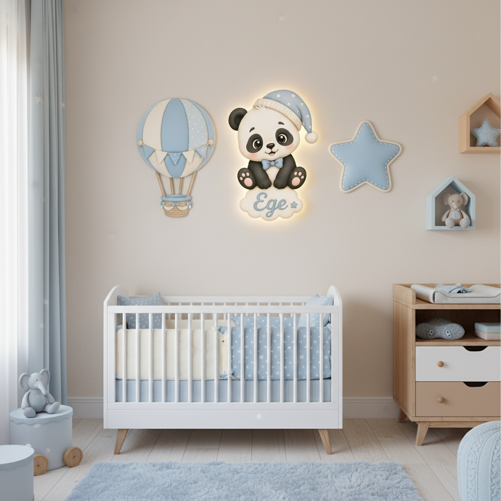 Kişiye Özel İsimli Panda Balon Yıldız 3 lü Set - Led Işıklı Bebek Odası Ahşap Duvar Dekoru-İsim için Whatsapptan mesaj Atınız- - Gece Lambası