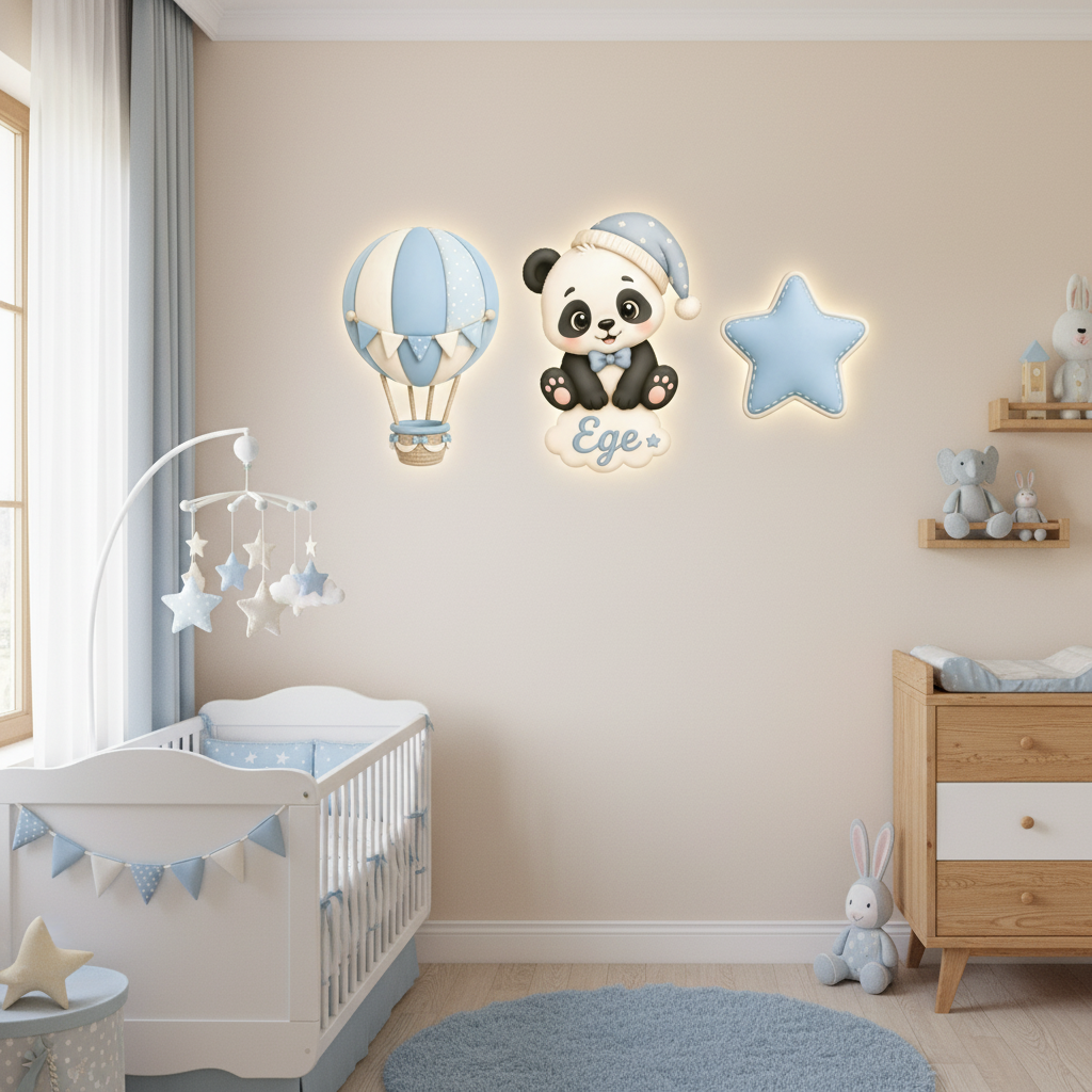 Kişiye Özel İsimli Panda Balon Yıldız 3 lü Set - Led Işıklı Bebek Odası Ahşap Duvar Dekoru-İsim için Whatsapptan mesaj Atınız- - Gece Lambası
