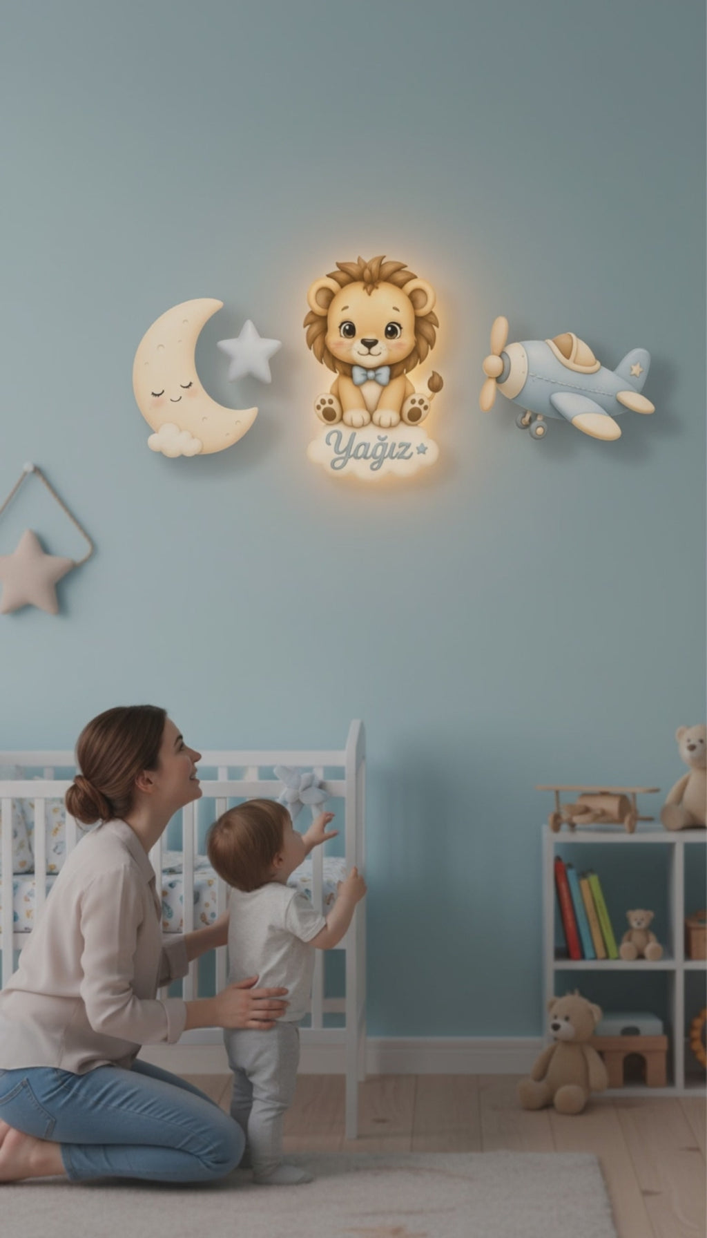 Kişiye Özel İsimli Aslan Ay Uçak Ay Yıldız 4lü Set  Led Işıklı Bebek Odası Ahşap Duvar Dekoru-İsim için Whatsapptan mesaj Atınız- - Gece Lambası