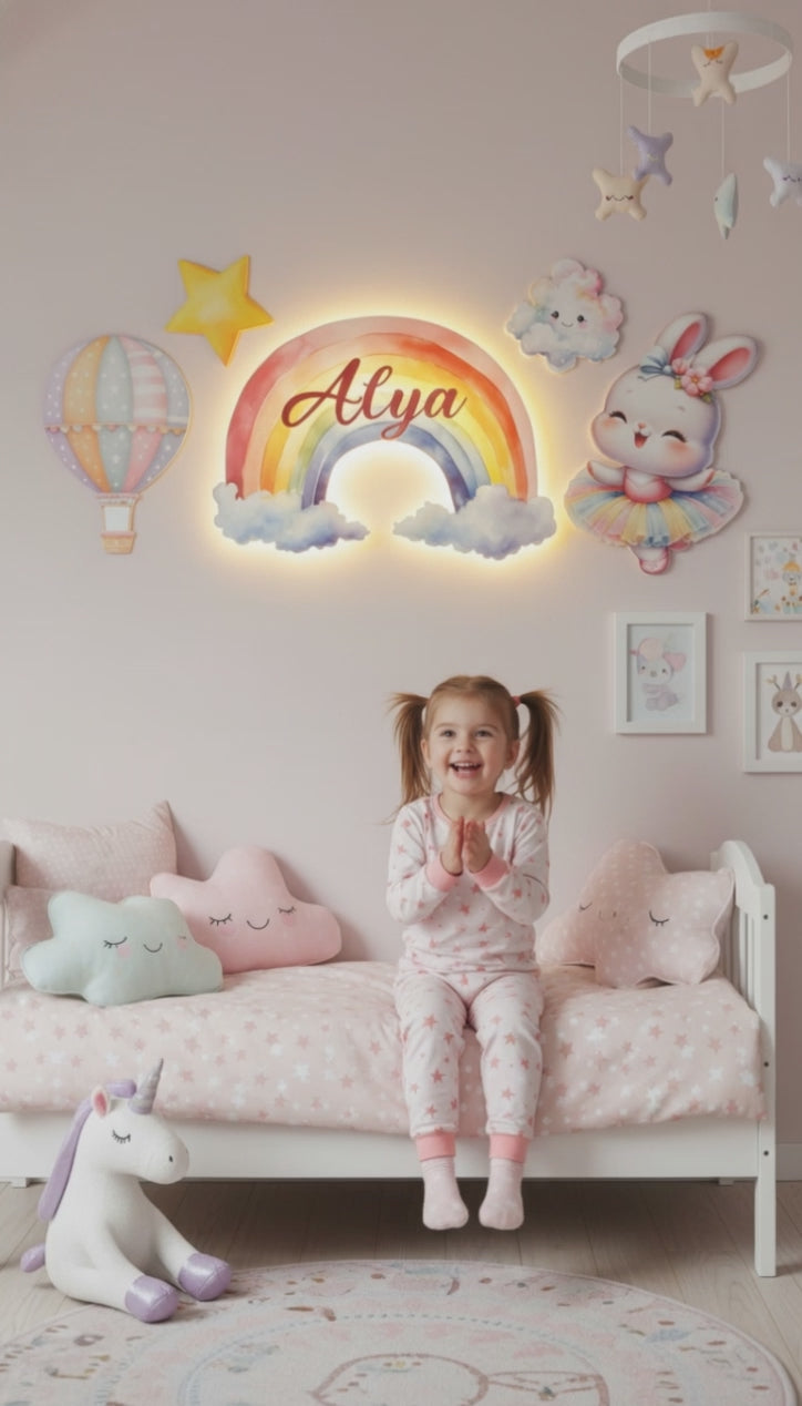 Kişiye Özel İsimli Tavşan Gökkuşağı Balon 5 Parça Set, Led Işıklı Bebek Odası Ahşap Duvar Dekoru-İsim için Whatsapptan mesaj Atınız- - Gece Lambası