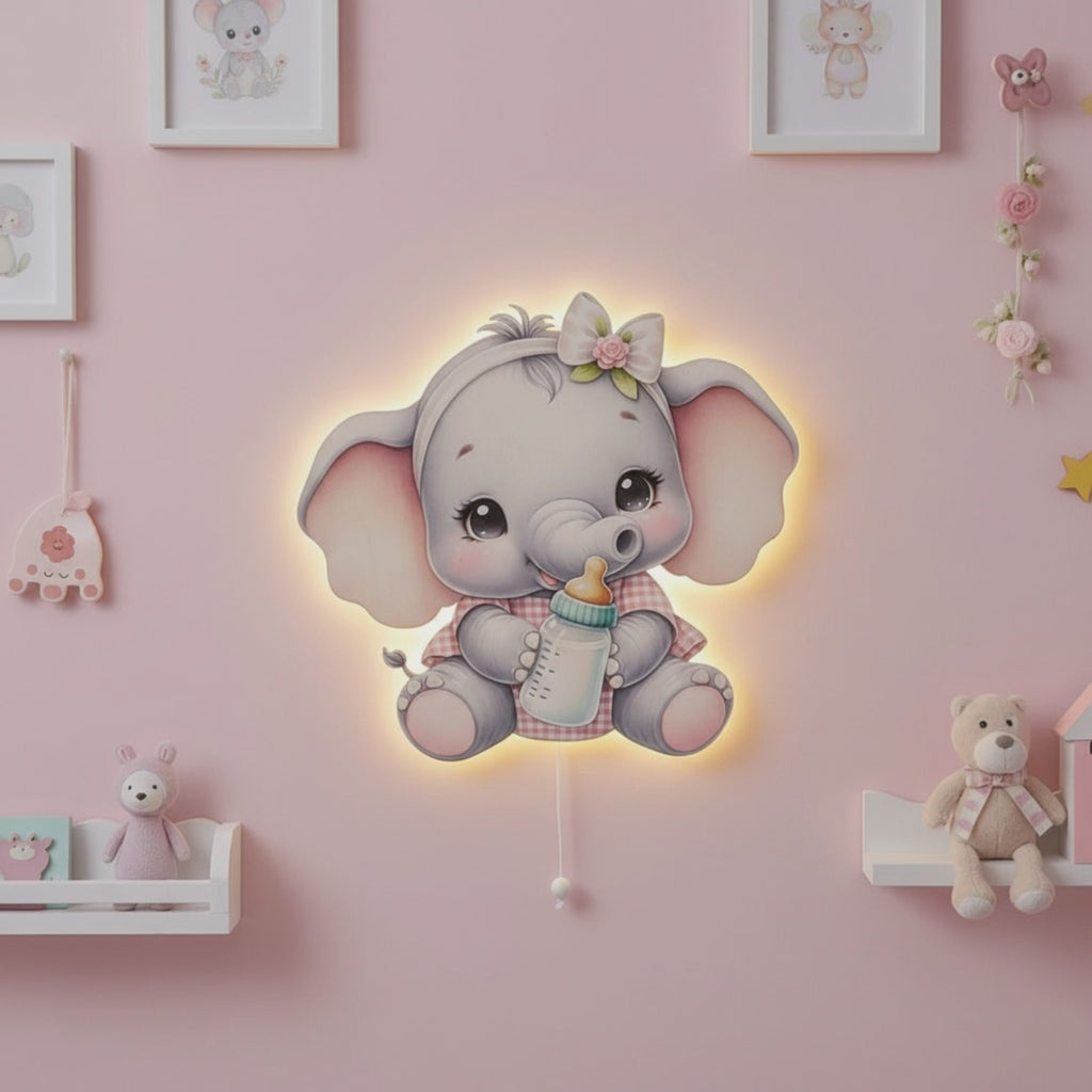 Fil Pilli Led Işıklı Bebek Odası Ahşap Duvar Dekoru - Gece Lambası