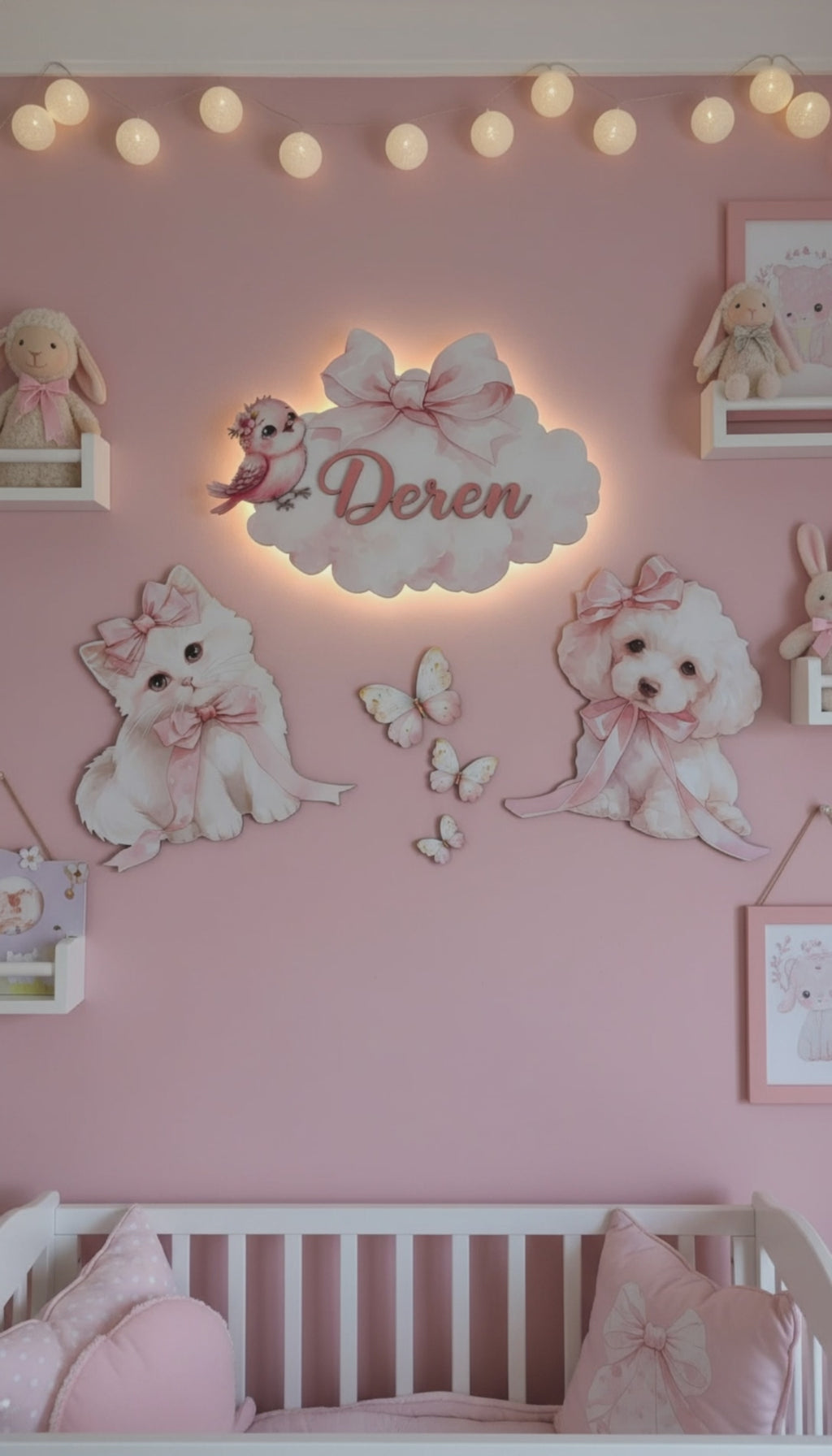 Kişiye Özel İsimli Kedi ve Köpek 6lı Set, Kelebekler Dahil, Led Işıklı Bebek Odası Ahşap Duvar Dekoru-İsim için Whatsapptan mesaj Atınız- - Gece Lambası