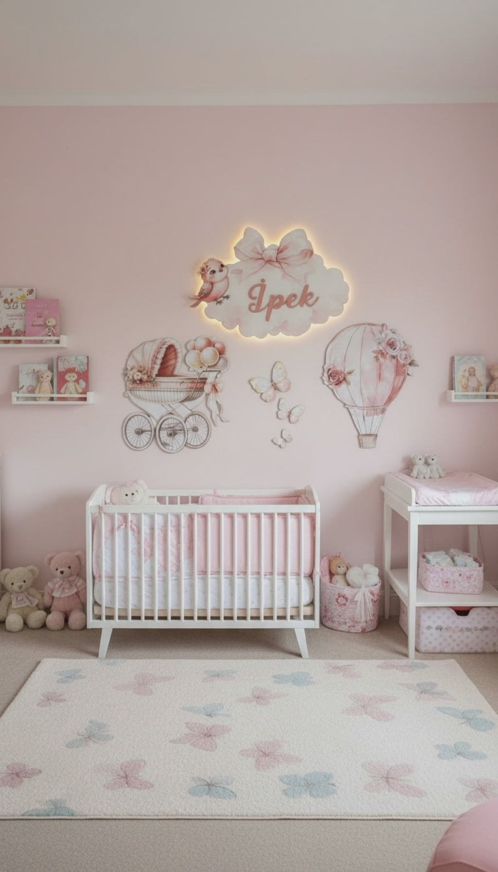 Kişiye Özel İsimli Bulut Balon Bebek Arabası 6lı Set, Kelebekler DAHİL, Led Işıklı Bebek Odası Ahşap Duvar Dekoru-İsim için Whatsapptan mesaj Atınız- - Gece Lambası