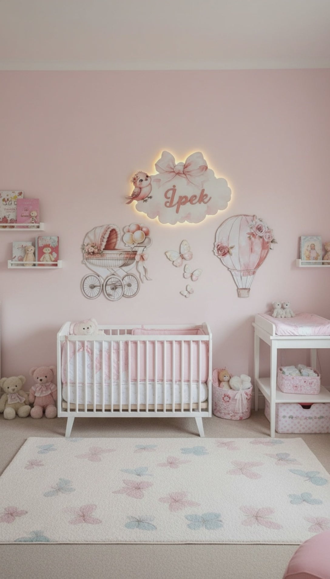 Kişiye Özel İsimli Bulut Balon Bebek Arabası 6lı Set, Kelebekler DAHİL, Led Işıklı Bebek Odası Ahşap Duvar Dekoru-İsim için Whatsapptan mesaj Atınız- - Gece Lambası