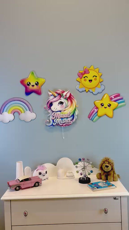 Kişiye Özel İsimli Unicorn 5 Parça Set - Led Işıklı Bebek Odası Ahşap Duvar Dekoru-İsim için Whatsapptan mesaj Atınız- - Gece Lambası
