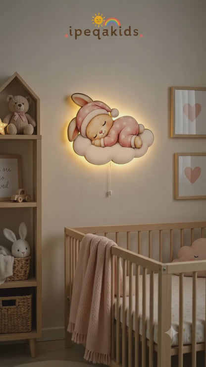 Uyuyan Pembe Tavşan Led Işıklı Bebek Odası Ahşap Duvar Dekoru - Gece Lambası