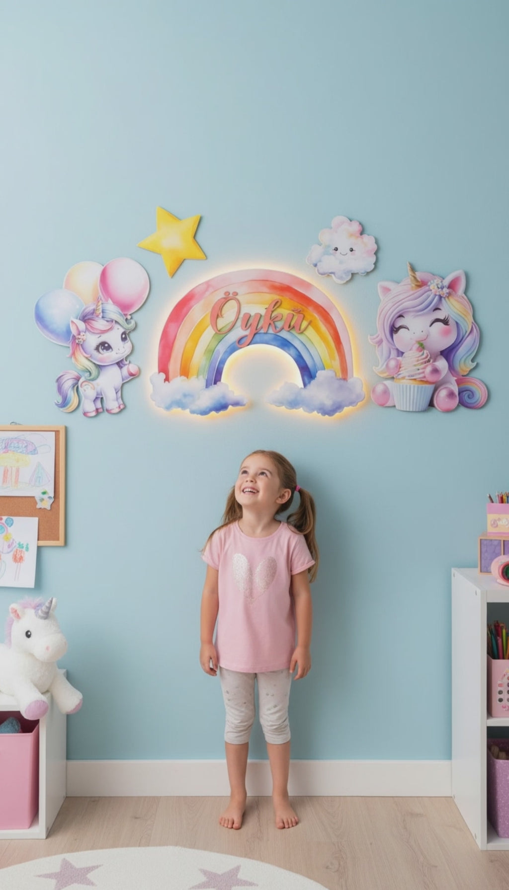 Kişiye Özel İsimli Unicorn Gökkuşağı 5 Parça Set, Led Işıklı Bebek Odası Ahşap Duvar Dekoru-İsim için Whatsapptan mesaj Atınız- - Gece Lambası