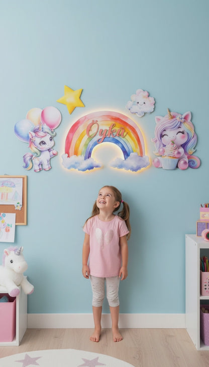 Kişiye Özel İsimli Unicorn Gökkuşağı 5 Parça Set, Led Işıklı Bebek Odası Ahşap Duvar Dekoru-İsim için Whatsapptan mesaj Atınız- - Gece Lambası