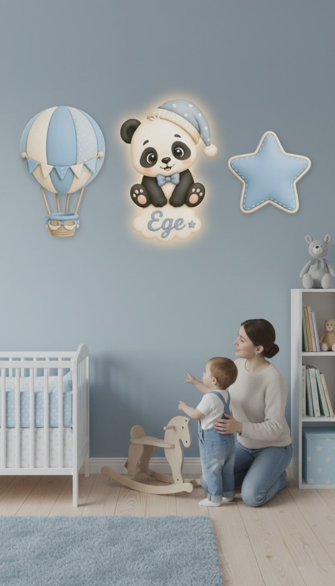 Kişiye Özel İsimli Panda Balon Yıldız 3 lü Set - Led Işıklı Bebek Odası Ahşap Duvar Dekoru-İsim için Whatsapptan mesaj Atınız- - Gece Lambası
