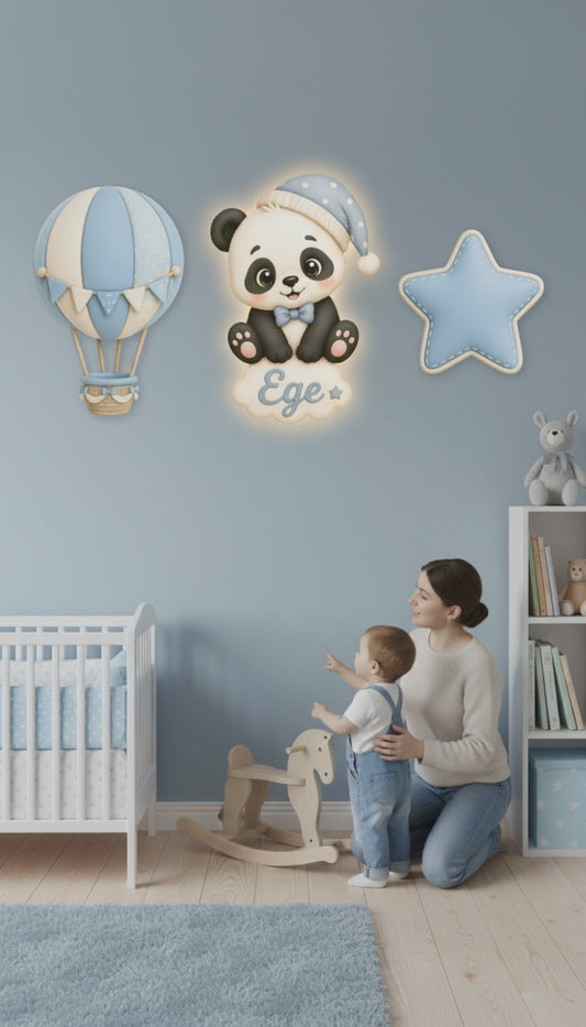 Kişiye Özel İsimli Panda 3’lü LED Ahşap Gece Lambası