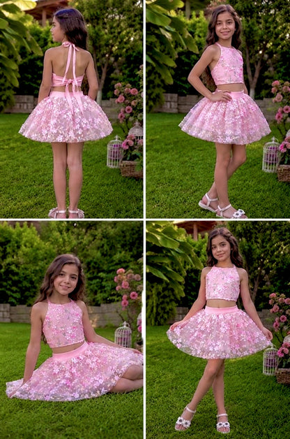 Pudra Pembe Çiçekli Kız Çocuk Crop Etek Takım - Bebek Doğum Günü Elbisesi - ipeqakids