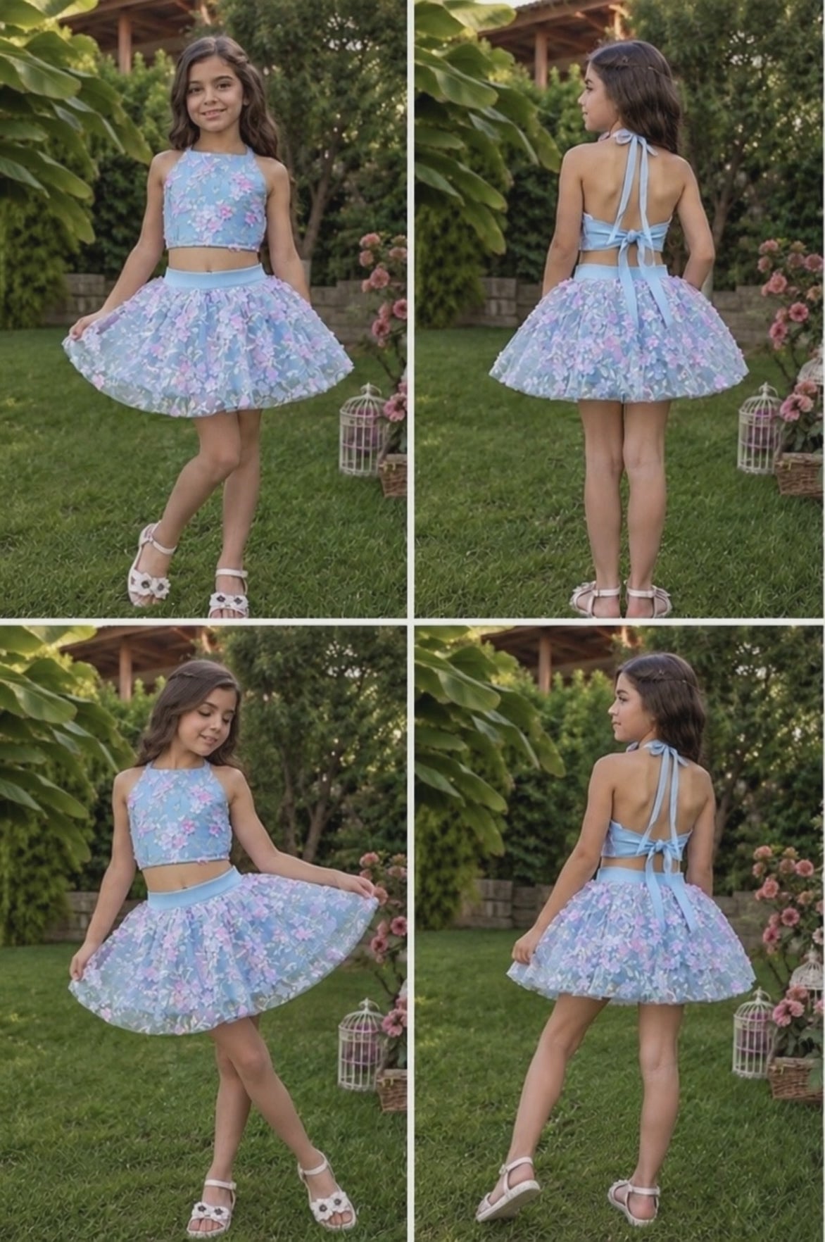 Mavi Pembe Çiçekli Kız Çocuk Crop Etek Takım - Bebek Doğum Günü Elbisesi - ipeqakids