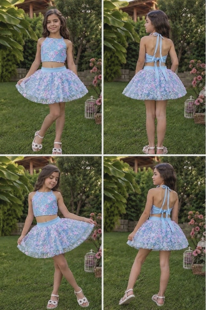 Mavi Pembe Çiçekli Kız Çocuk Crop Etek Takım - Bebek Doğum Günü Elbisesi - ipeqakids