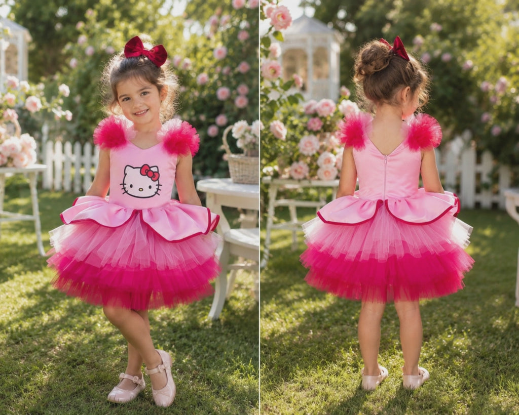 Kırmızı Pembe Hello Kitty Kız Çocuk Abiye - Bebek Doğum Günü Elbisesi - ipeqakids
