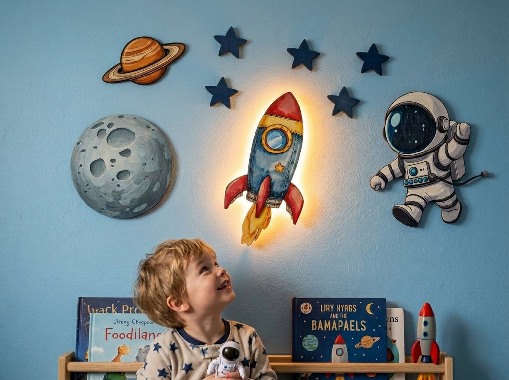 Kişiye Özel İsimli Astronot 9 Parça Set - Led Işıklı Bebek Odası Ahşap Duvar Dekoru-İsim için Whatsapptan mesaj Atınız- - Gece Lambası