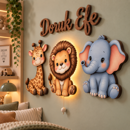Kişiye Özel İsimli Zürafa 4’lü LED Ahşap Gece Lambası