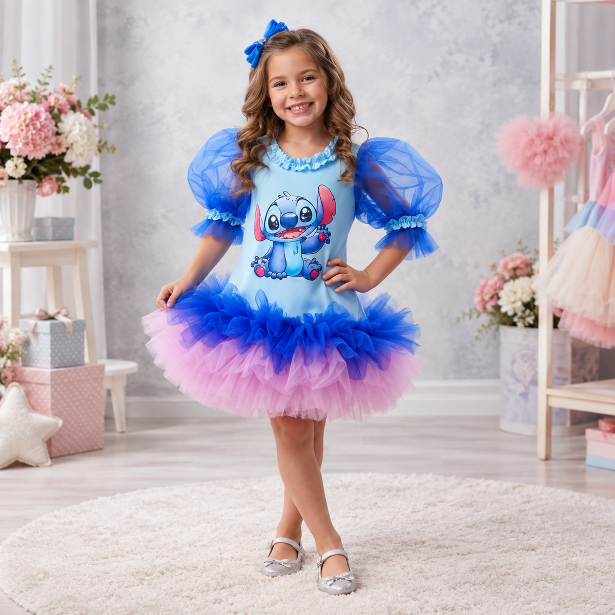 Stitch Baskılı Kız Çocuk Elbisesi